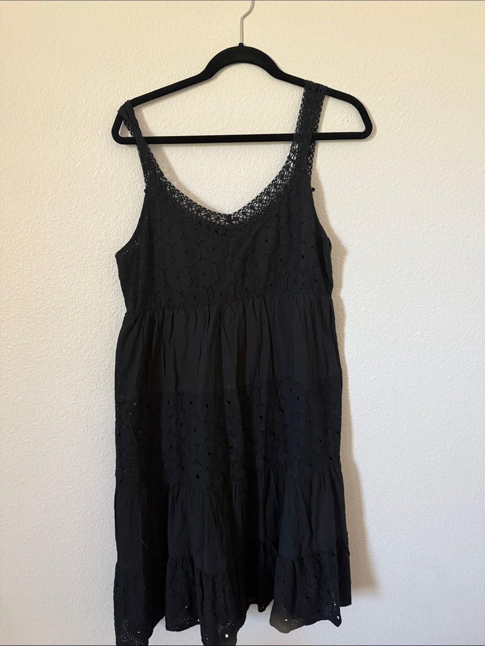 Black Eyelet Tiered Mini Dress with Crochet Straps never been worn great for ☀️